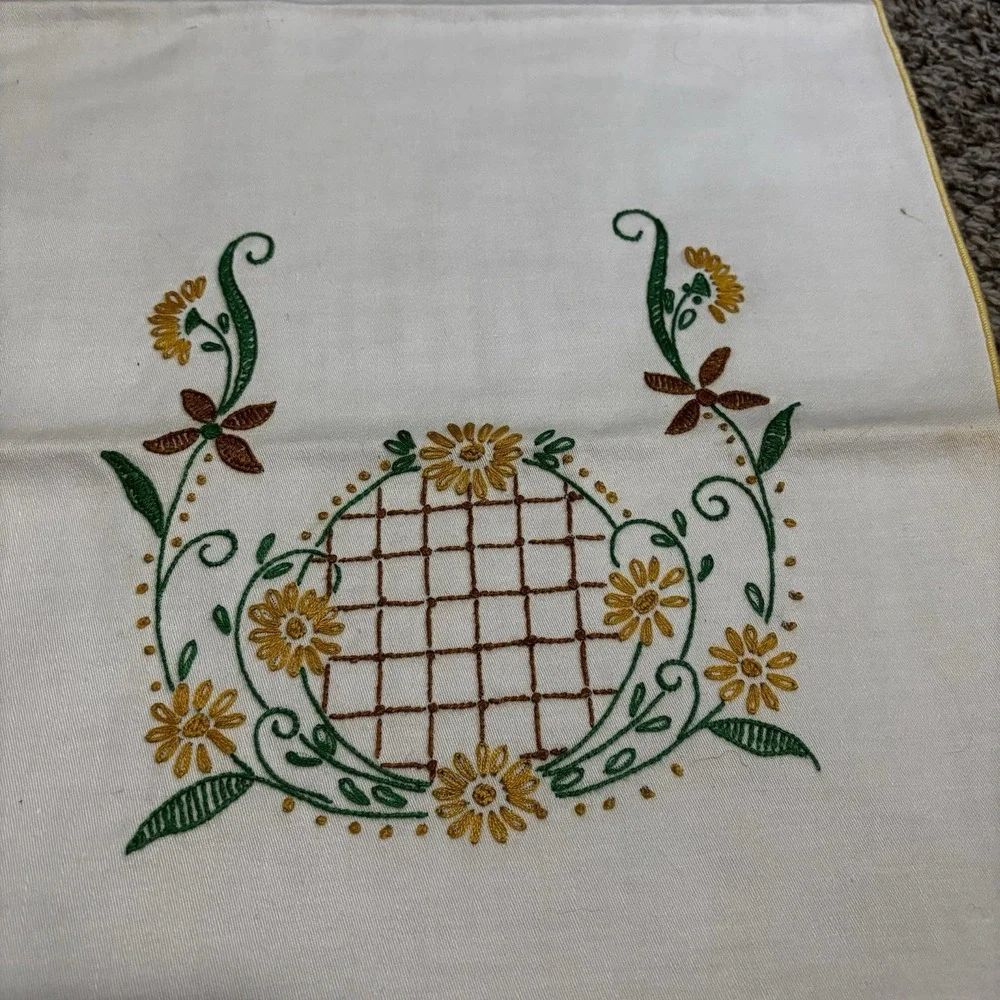 Embroidered Floral Table Dresser Runners Oblong Vintage Yellow Green 2 Sizes
